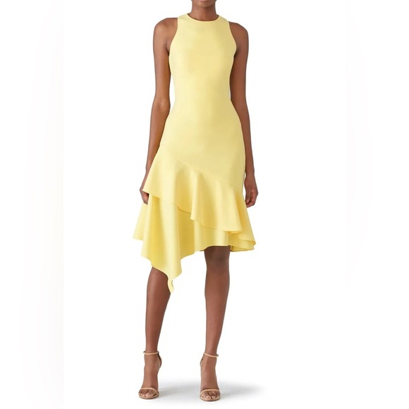 THEIA lemon ruffle yellow asymmetric midi dress 22768 - Picture 2 of 16